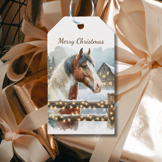 Bruin en Wit Paard Country Kerstmis Cadeaulabel