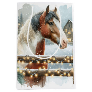 Bruin en Wit Paard Country Kerstmis Medium Cadeauzakje