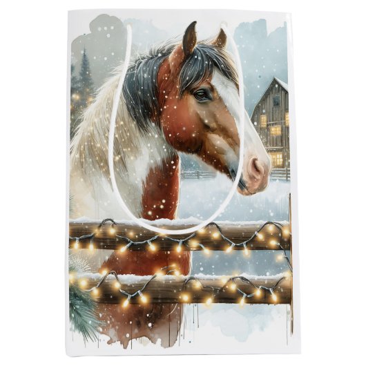 Bruin en Wit Paard Country Kerstmis Medium Cadeauzakje (Voorkant)