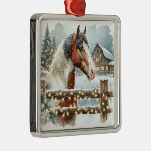 Bruin en Wit Paard Country Kerstmis Metalen Ornament (Rechts)