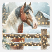 Bruin en Wit Paard Country Kerstmis Vierkante Sticker (Voorkant)