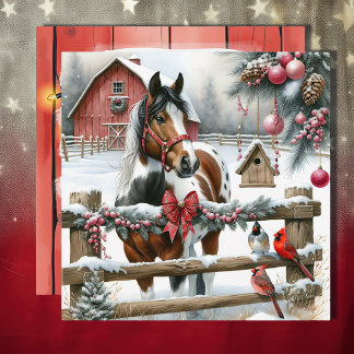 Bruin en Wit Paard Rustiek Boerderij Kerst Feestdagenkaart