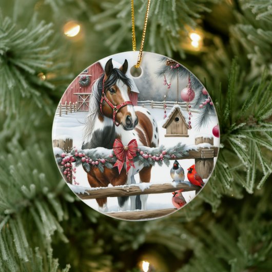  Bruin en Wit Paard Rustiek Boerderij Kerst Keramisch Ornament (Boom)