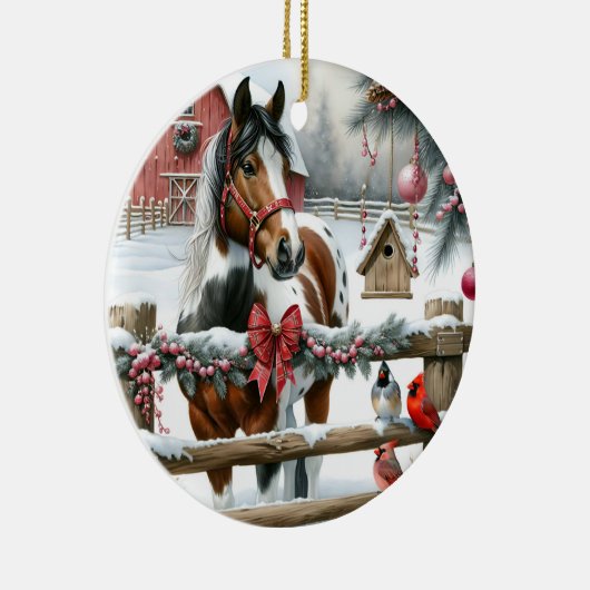  Bruin en Wit Paard Rustiek Boerderij Kerst Keramisch Ornament (Rechts)