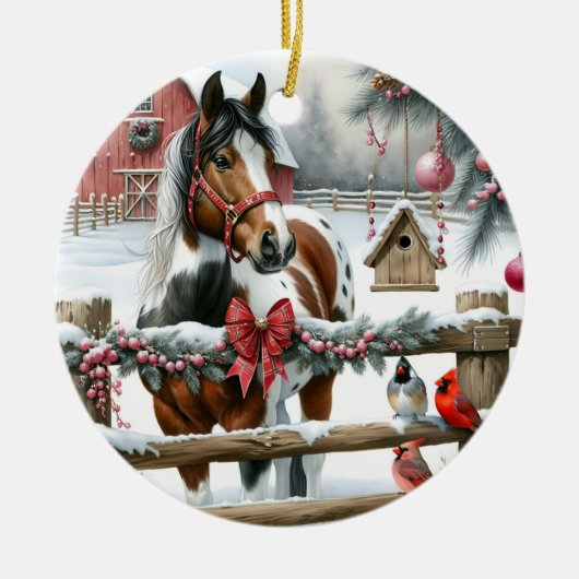 Bruin en Wit Paard Rustiek Boerderij Kerst Keramisch Ornament (Voorkant)