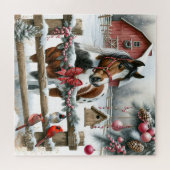 Bruin en Wit Paard Rustiek Boerderij Kerst Legpuzzel (Horizontaal)