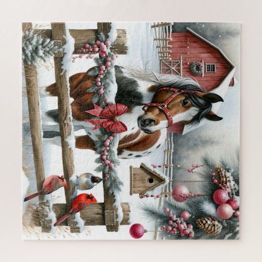 Bruin en Wit Paard Rustiek Boerderij Kerst Legpuzzel (Horizontaal)