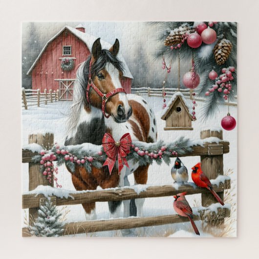 Bruin en Wit Paard Rustiek Boerderij Kerst Legpuzzel (Verticaal)