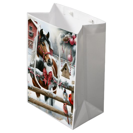 Bruin en Wit Paard Rustiek Boerderij Kerst Medium Cadeauzakje (Voorkant Gekanteld)