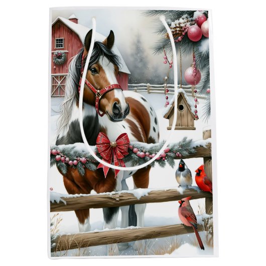 Bruin en Wit Paard Rustiek Boerderij Kerst Medium Cadeauzakje (Voorkant)