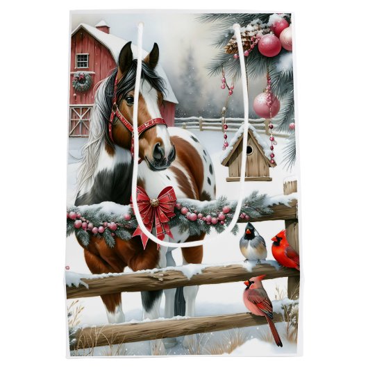 Bruin en Wit Paard Rustiek Boerderij Kerst Medium Cadeauzakje (Achterkant)