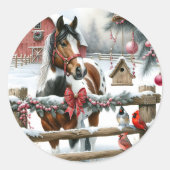 Bruin en Wit Paard Rustiek Boerderij Kerst Ronde Sticker (Voorkant)