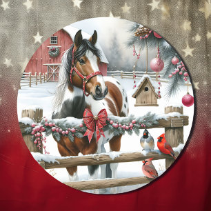 Bruin en Wit Paard Rustiek Boerderij Kerst Ronde Sticker