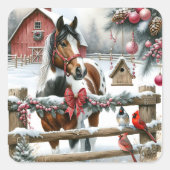  Bruin en Wit Paard Rustiek Boerderij Kerst Vierkante Sticker (Voorkant)