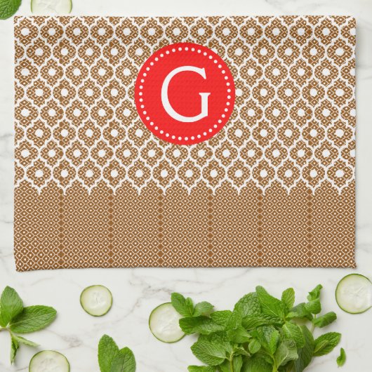 Bruin en wit Quatrefoil Red Accent Theedoek (Gevouwen)