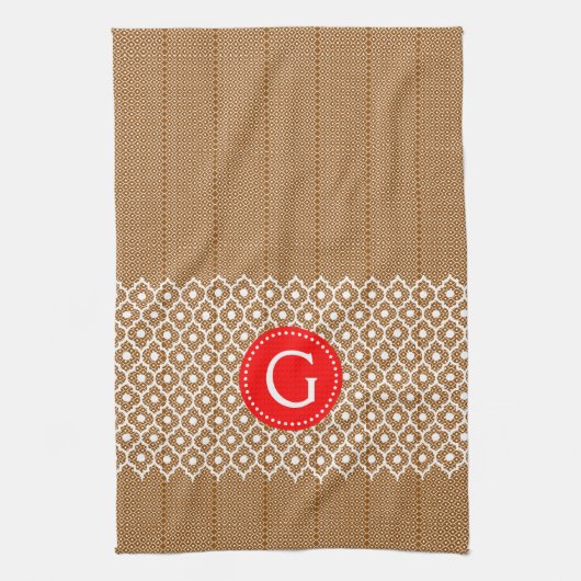 Bruin en wit Quatrefoil Red Accent Theedoek (Verticaal)