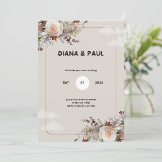 Bruin en wit rustieke bruiloft uitnodiging (Staand voorkant)