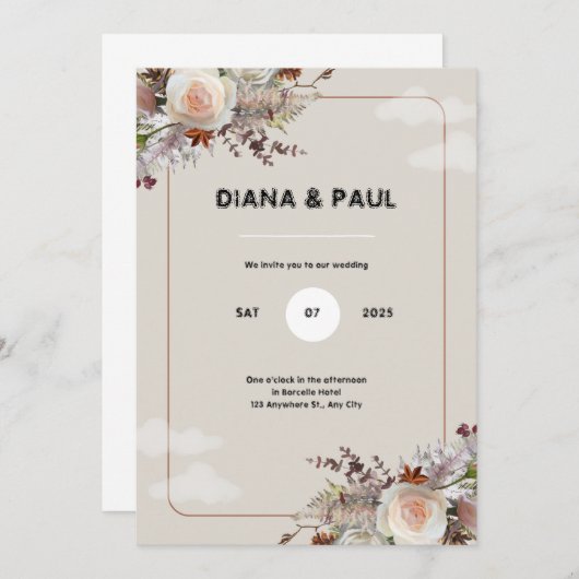 Bruin en wit rustieke bruiloft uitnodiging (Voorkant / Achterkant)