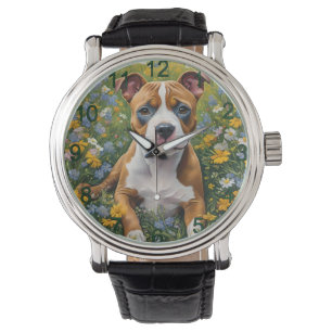 Bruin en wit Staffordshire Bull Terrier Puppy, Horloge