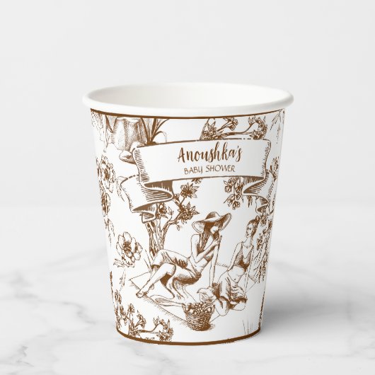 Bruin en wit Toile de Jouy Vrijgezellenfeest Papieren Bekers (Achterkant)