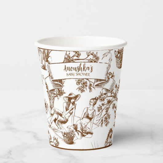 Bruin en wit Toile de Jouy Vrijgezellenfeest Papieren Bekers (Voorkant)