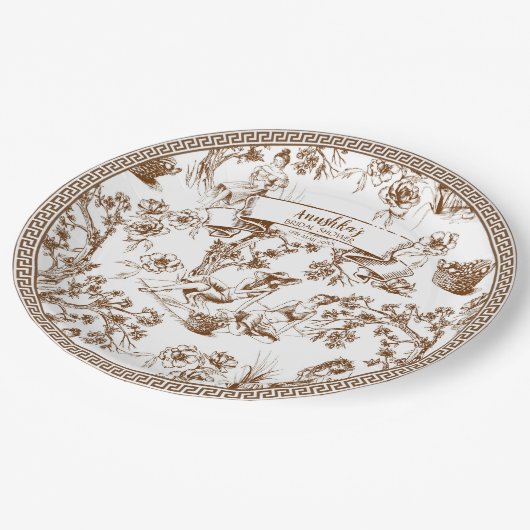 Bruin en wit Toile de Jouy Vrijgezellenfeest Papieren Bordje (Gekanteld)