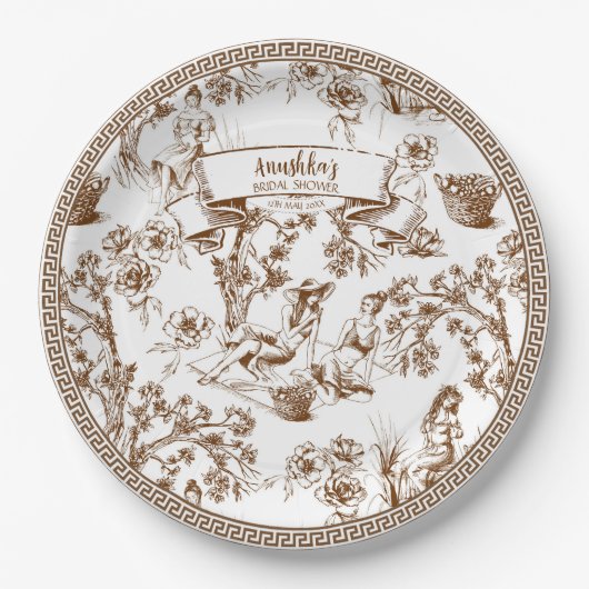 Bruin en wit Toile de Jouy Vrijgezellenfeest Papieren Bordje (Voorkant)