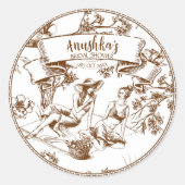 Bruin en wit Toile de Jouy Vrijgezellenfeest Ronde Sticker (Voorkant)