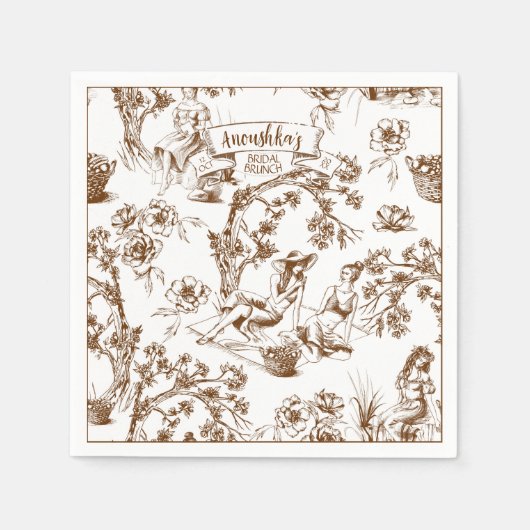 Bruin en wit Toile de Jouy Vrijgezellenfeest Servet (Voorkant)