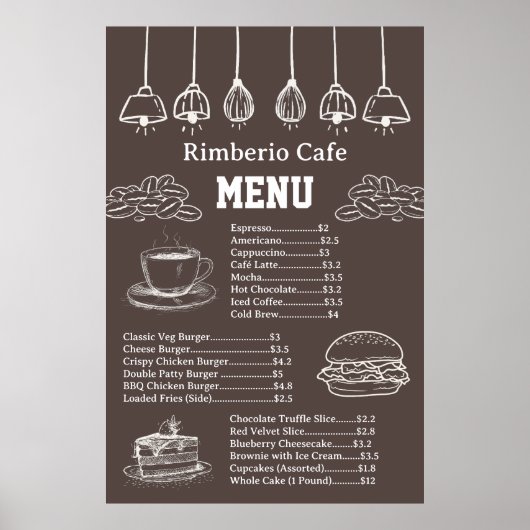 Bruin en Wit Vintage Cafe Zakelijk Voedselmenu Poster (Voorkant)