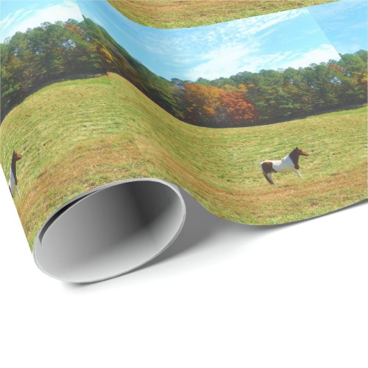 Bruin- en witpaard, herfstbomen, blauwe hemel cadeaupapier (Rol Hoek)