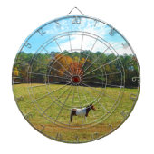 Bruin- en witpaard, herfstbomen, blauwe hemel dartbord (Voorkant)