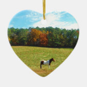 Bruin- en witpaard, herfstbomen, blauwe hemel keramisch ornament (Voorkant)