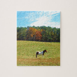 Bruin- en witpaard, herfstbomen, blauwe hemel legpuzzel