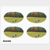 Bruin- en witpaard, herfstbomen, blauwe hemel ovale sticker (Vel)