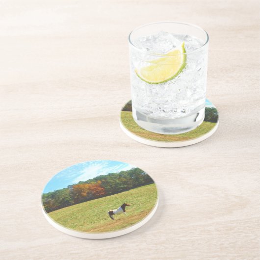 Bruin- en witpaard, herfstbomen, blauwe hemel zandsteen onderzetter (Zijkant)