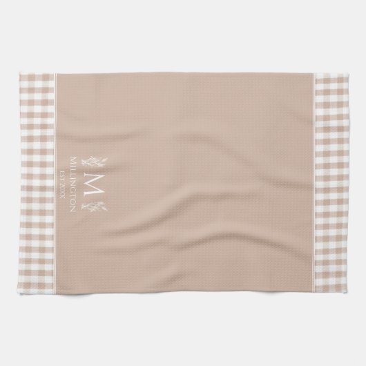 Bruin en Witte Gingham Aangepaste Naam Monogram Theedoek (Horizontaal)