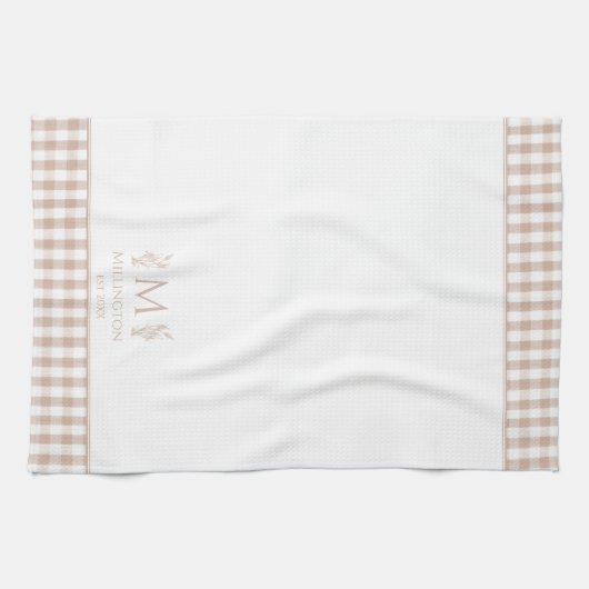 Bruin en Witte Gingham Aangepaste Naam Monogram Theedoek (Horizontaal)
