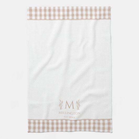 Bruin en Witte Gingham Aangepaste Naam Monogram Theedoek (Verticaal)