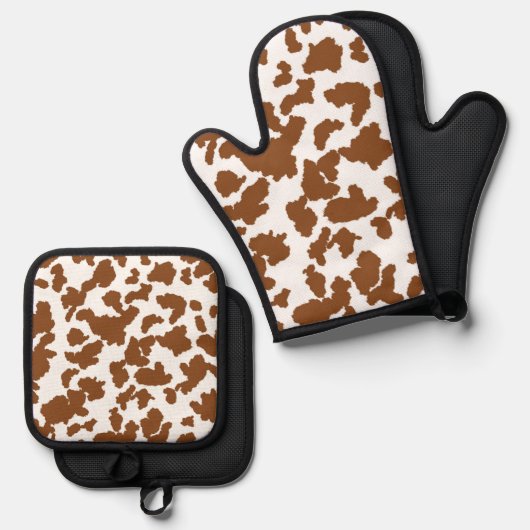 Bruin en witte Koeienhuid Ovenwant & Pannenlap Set (Voorkant / Achterkant)