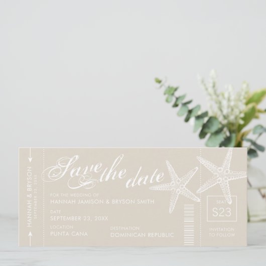 Bruin en Witte Zeester Instapkaart Ticket Save The Date (Staand voorkant)