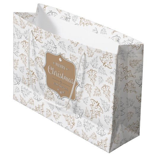 Bruin en zilver Elegant kerstbomen Pattern Groot Cadeauzakje (Voorkant Gekanteld)