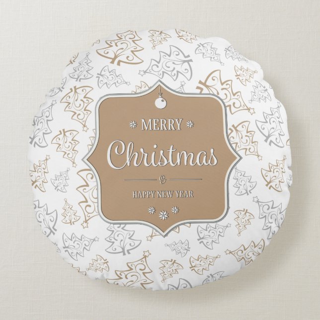 Bruin en zilver Elegant kerstbomen Pattern Rond Kussen (Voorkant)