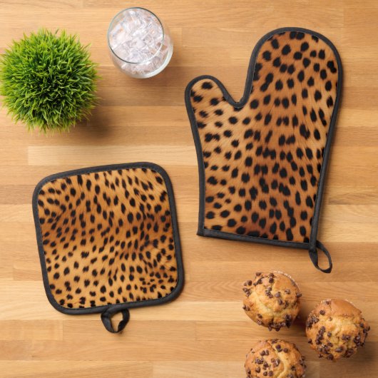 Bruin en Zwart Cheetah Dierenprint Ovenwant & Pannenlap Set (Top down)