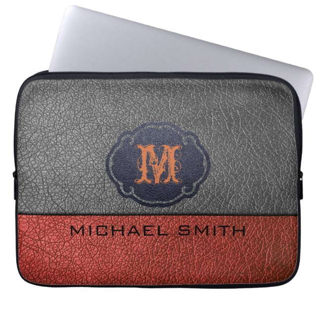 Bruin en zwart leder. Aangepast monogram Laptop Sleeve (Voorkant)