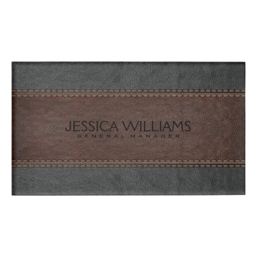 Bruin en zwart leder naambadge (Voorkant)