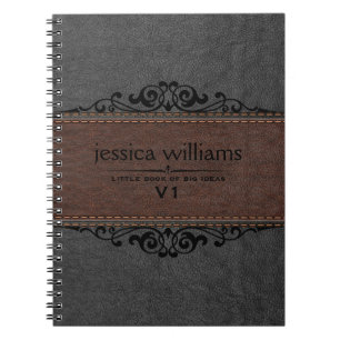 Bruin- en zwart leder Zwarte Floral Element Notitieboek