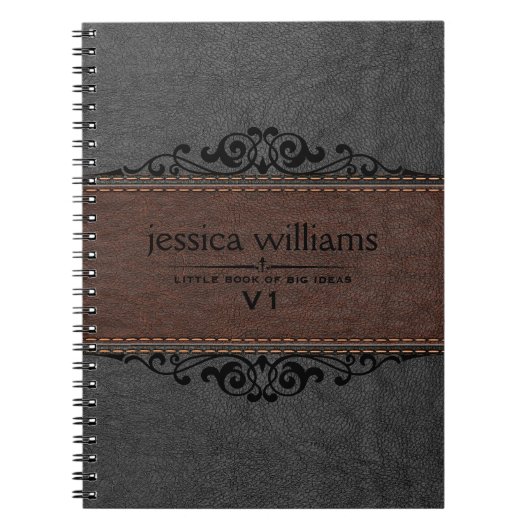 Bruin- en zwart leder Zwarte Floral Element Notitieboek (Voorkant)