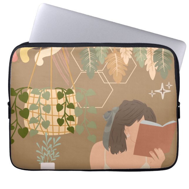 Bruin Esthetisch Vrouw Leesboek Laptop Sleeve (Voorkant)