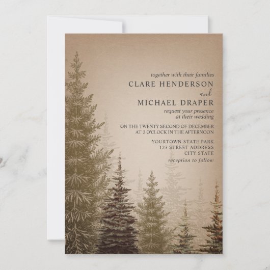 Bruin Evergreen Tree Rustieke bruiloft uitnodiging (Voorkant)